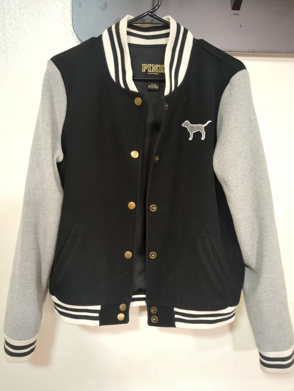 PINK Victoria Secret 86 Varsity Jacket Black Gray Long Sleeve Women Sz MED READ